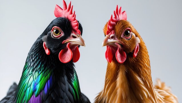 Two chickens positioned against a white background gazing at the camera.