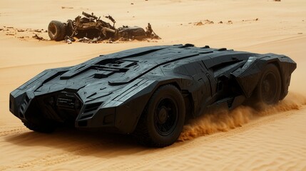 Dark armored vehicle speeds across a sandy desert, wreckage in the background