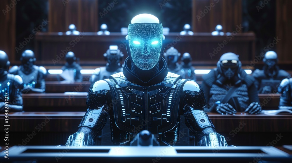 Poster virtual trial featuring advanced ai holograms transforming the judiciary system in an immersive envi