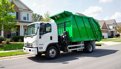 Recycling truck collecting waste on residential street, environmental care
