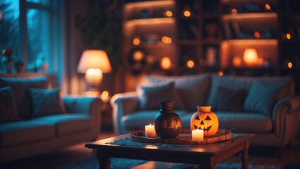 Blurred view of a dark living room adorned for Halloween featuring a glowing lamp, sofas, and a table.