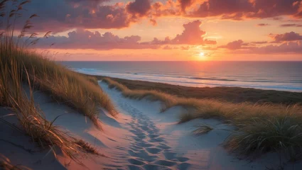 Selbstklebende Fototapeten View from the top of a dune overlooking the sunset in the North Sea. © Holo Frame