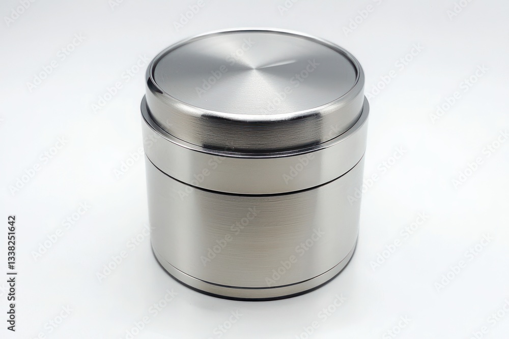 Poster minimalist metallic container product shot displaying sleek design on white backdrop highlighting mo