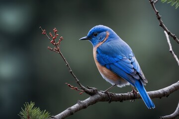 blue little bird on a branch with bokeh background