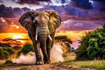 Fototapeta premium Silhouette Elephant Power Endurance Dust Wild Landscape African Animal Photography