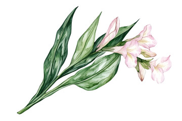 Fototapeta premium Watercolor Alstroemeria Flower Arrangement with Pink Blossoms and Green Leaves on Transparent Background