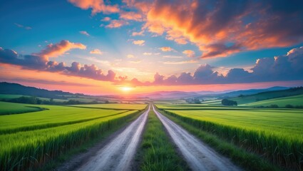 Fototapeta premium Sunshine during sunset in a bright sky. Gorgeous evening sky over a landscape with a road. Lush green wheat field meadow and rural road. Concept related to agriculture and weather forecasting.