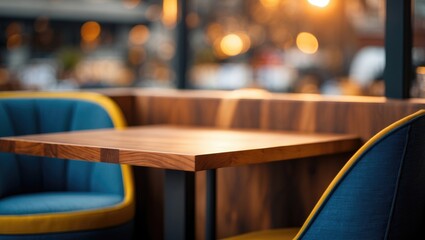 Blurry cafe or coffee shop background with a perspective view of a wooden table corner.