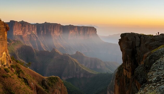 The dramatic Tundavala Gap, with towering cliffs, misty valleys, and a lone hiker embracing the sunrise.
