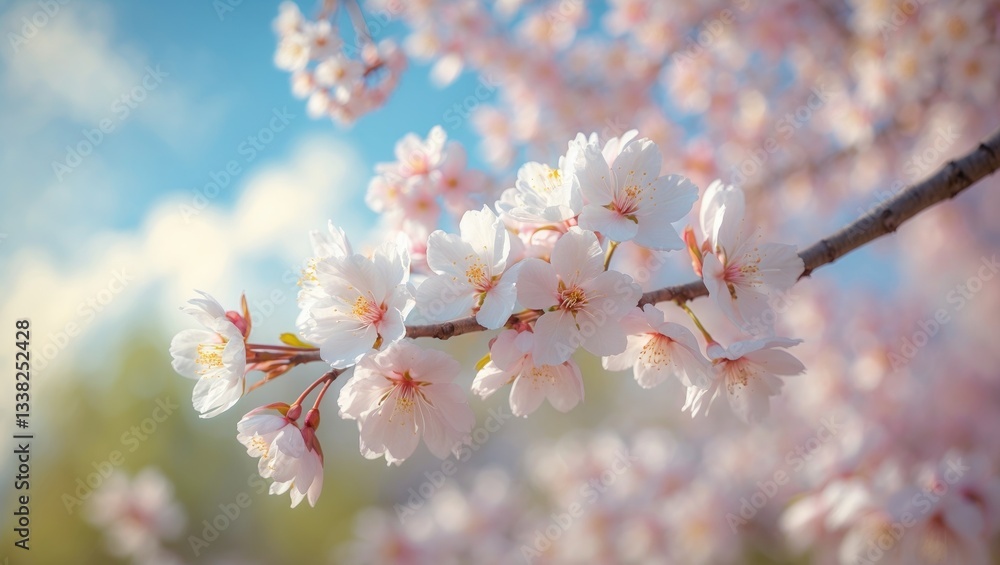 Poster branch of blooming cherry blossom flowers with empty space for text. close-up view of cherry blossom