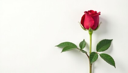 Single rose stem with leaves isolated against a pure white background, flower, bloom, white