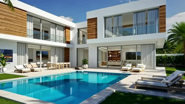Modern house with pool and wooden accents on a sunny day showcasing luxury architecture and design