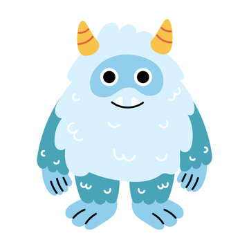 Cute cartoon snow yeti in enjoying pose. Funny character participate in winter activities. New Year and Christmas, winter holidays. Adorable furry monster sticker