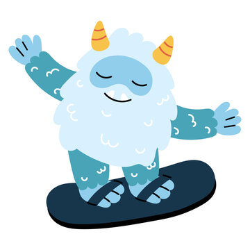 Cute cartoon snow yeti in skateboarding pose. Funny character participate in winter activities. New Year and Christmas, winter holidays. Adorable furry monster sticker