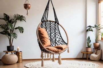 Luxury apartment interior with a modern living room and a comfortable bedroom featuring elegant furniture and hanging chair
