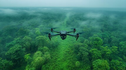 Naklejka premium Drone Over a Lush Forest with Misty Weather and Greenery. Generative AI