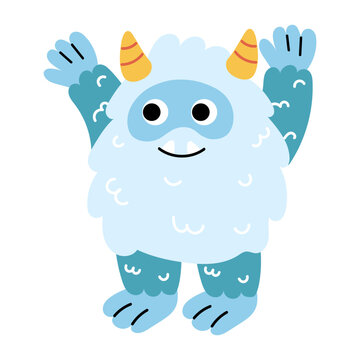 Cute cartoon snow yeti in scary pose. Funny character participate in winter activities. New Year and Christmas, winter holidays. Adorable furry monster sticker