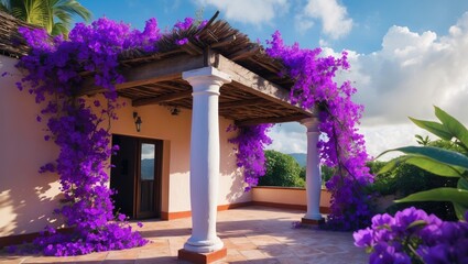 Vibrant purple bougainvillea vine grows along a rustic wooden pergola in a sunny patio, creating a tropical and lively outdoor ambiance.