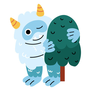 Cute cartoon snow yeti in hugging a tree pose. Funny character participate in winter activities. New Year and Christmas, winter holidays. Adorable furry monster sticker