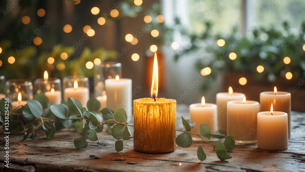 Poster Burning scented candle and eucalyptus branch on table. Room for text.
