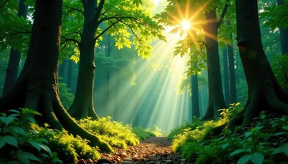 Sunlight filtering through the leafy canopy above a forest glade, forest glade, sunlight, forest ecosystem