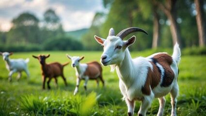 Fototapeta premium Brown goat in a field, free. Steep goats. Goats grazing on grass, Goat on pasture, Portrait of a little goat.