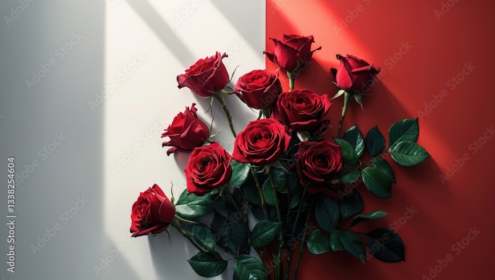 Poster bouquet of red roses set against a red backdrop with space available for text.