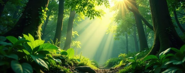 Sunlight filters through the dense jungle undergrowth, greenery, vines