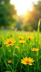 Fototapeta premium Sunlit meadow wildflowers yellow flowers green grass, green meadow, landscape photography,