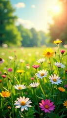 Obraz premium Sunlit meadow with an assortment of wildflowers, sunlight, daisies