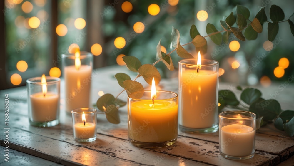 Poster Aromatic candle lit up alongside eucalyptus branch on a table. Space available for text.