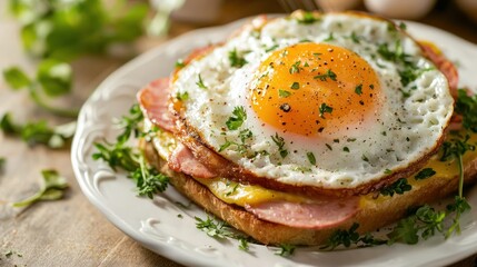 Delicious open faced ham and cheese sandwich topped with a fried egg on a white plate culinary delight classic rich breakfast or brunch close up with fresh herbs