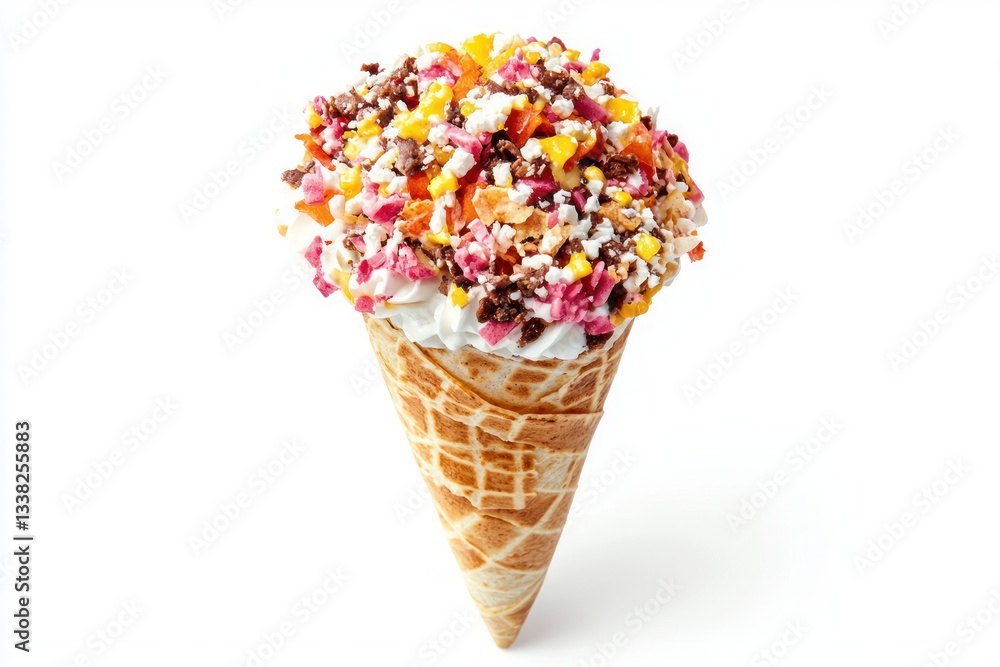 Poster colorful sundae in waffle cone topped with cream and assorted candied chunks against pristine white 