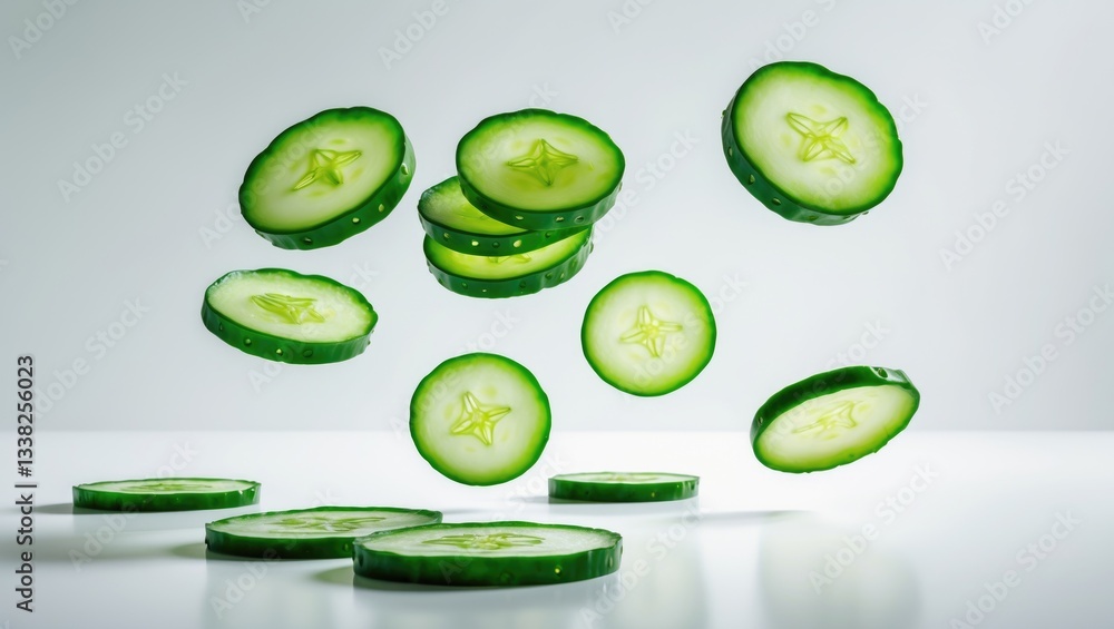 Poster falling cucumber slice isolated on a background, clipping path, complete depth of field.