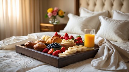 Breakfast tray arranged on a bed featuring healthy foods and beverages.