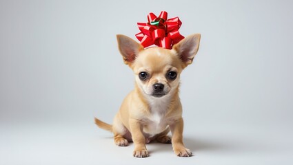 Obraz premium Yellow Blonde Fawn Chihuahua Puppy with Christmas Gift Ribbon Bow on Its Head Facing Camera Isolated in Studio Cut Out on White Background