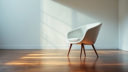 Elegant white chair in a vacant room with wooden flooring.