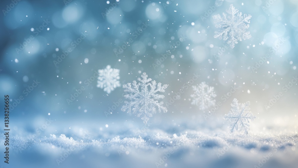 Poster blue snowfall bokeh backdrop, abstract snowflake design on blurred background
