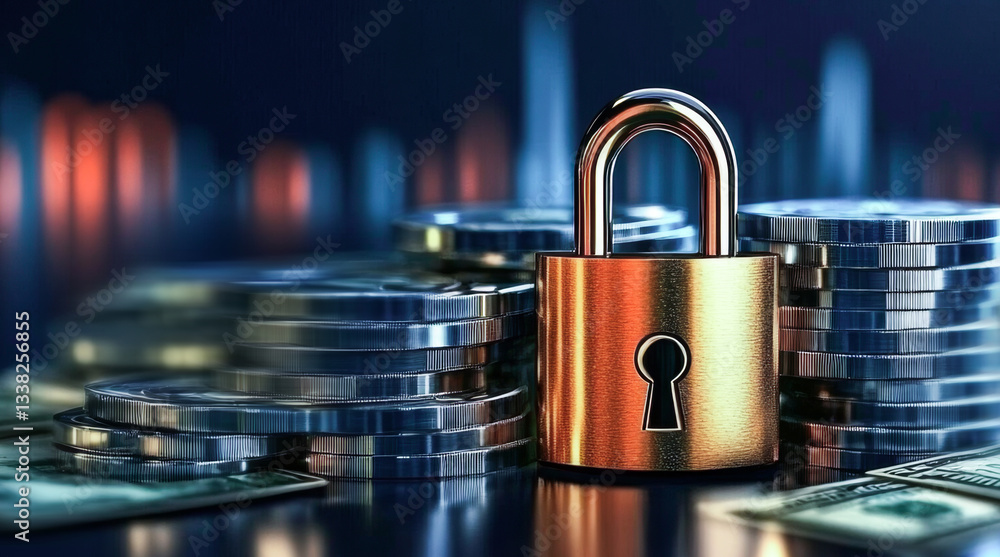 Poster a secure lock stands prominently among stacks of coins and cash, symbolizing the importance of priva