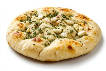 Delicious aromatic naan bread with thyme and garlic on a white background perfect for cuisine menu