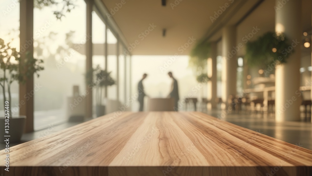 Poster empty wooden table space platform with a blurred background for product display montage.