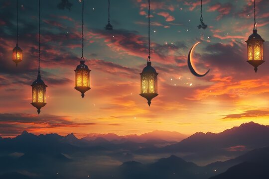 Hanging lanterns illuminate a serene landscape with a crescent moon and a vibrant sunset skykayum12196@gmail.com