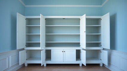 Fototapeta premium Empty product display shelves; clean white cabinet, light blue wall color, white beadboard or wainscoting.