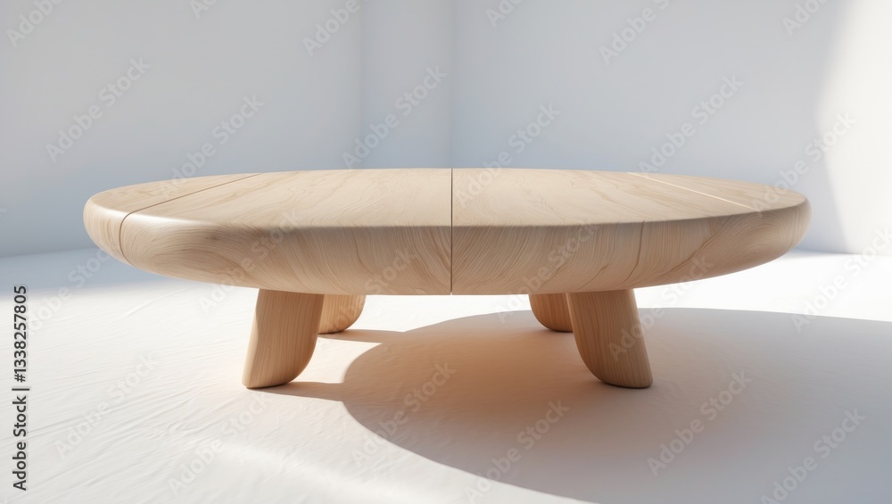 Poster beautiful round wood table with an empty surface set against a white background.