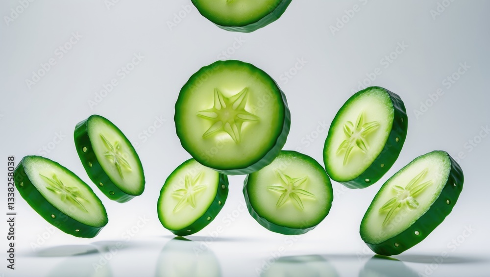 Poster falling cucumber slices isolated on a background, with a clipping path and full depth of field.