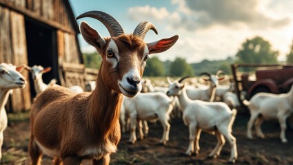 Brown goats and a group of goats on a farm, an animal goat with an adorable face in a rural setting.