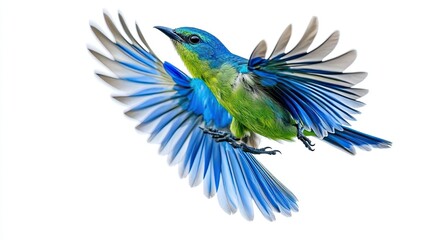 Obraz premium Vibrant blue and green tanager bird in flight, a white background