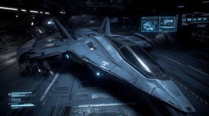 Fototapeta premium Futuristic spaceship in hangar