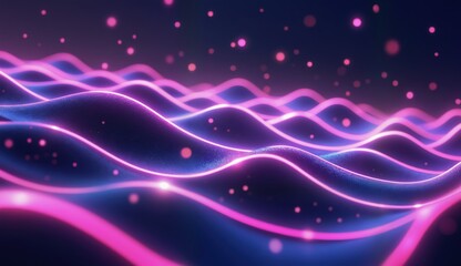 Obraz premium A dynamic, abstract digital landscape featuring undulating waves of dark, textured material illuminated by vibrant neon lines in pink and cyan.