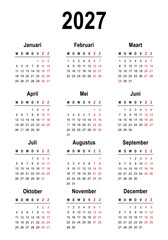 Simple Calendar 2027 on Dutch languag with public holidays the country of Netherlands, week start on Monday. Vector graphics	